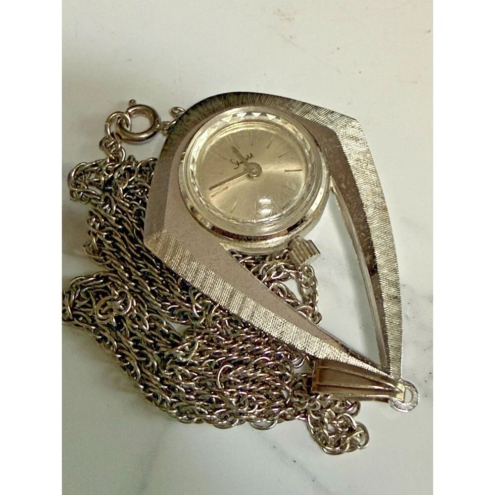 Vintage Sheffield Swiss Pendant Watch Silver Tone Teardrop Necklace 1960s MCM